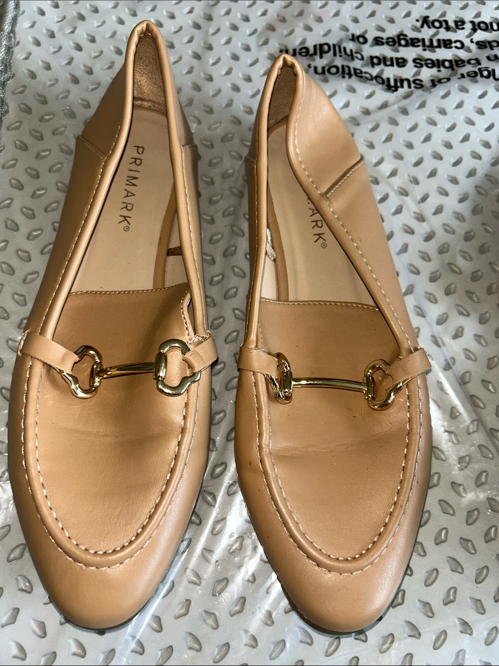 Primark Tan Slip-On Loafers with Gold Horsebit Detail